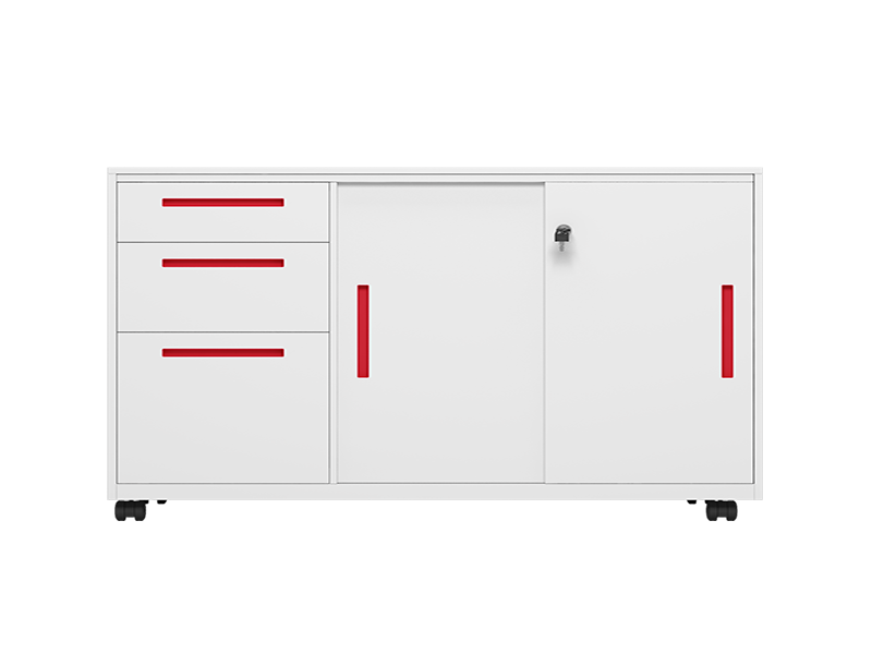 Marine Locker – Mobile Low Cabinet（White + Red Accents, 3 – Drawer + 2 – Door）